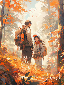 森林女秋天在树林中开心交谈的卡通男女青年插画