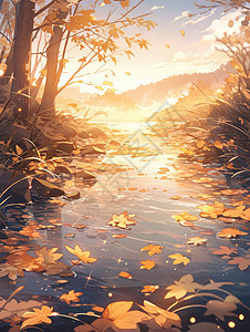 傍晚满是落叶的小溪唯美卡通风景图片