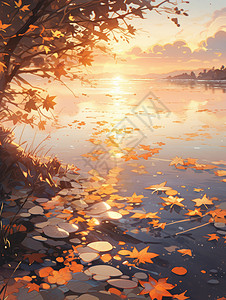 傍晚湖边美丽的落日卡通风景图片