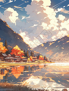 秋天湖边唯美的卡通小村庄图片