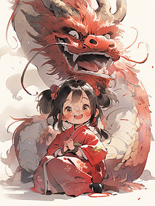 水墨风穿红色古装开心笑的卡通小女孩与巨龙图片