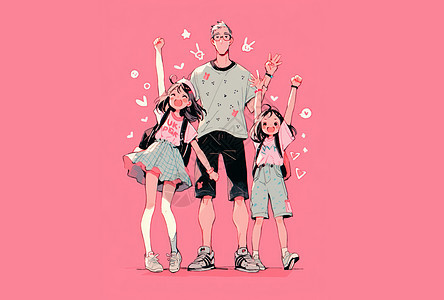 一个父亲与两个快乐女孩卡通人物图片
