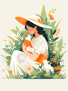 坐在花丛中抱着宠物猫可爱的卡通小女孩图片