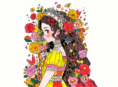 穿黄色裙子头戴花朵的可爱卡通小公主图片