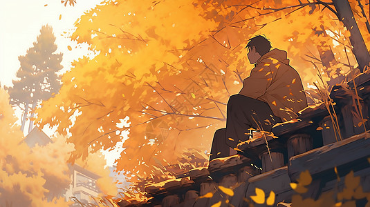 秋天坐在树下的少年图片