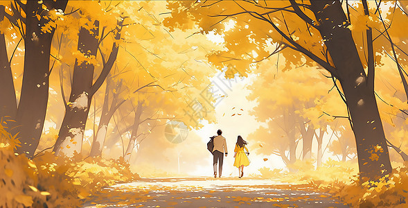 秋天一起散步的情侣背景图片