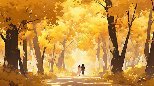 秋天树下一起散步的情侣图片