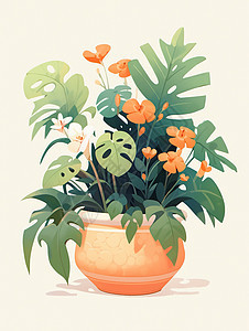 一盆扁平风可爱的卡通绿色盆栽图片