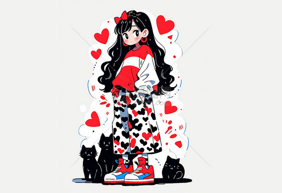 时尚长发卡通女孩与宠物猫图片