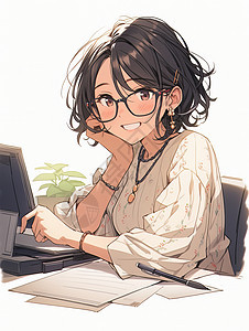 坐在电脑前戴眼镜开心笑的卡通女孩图片