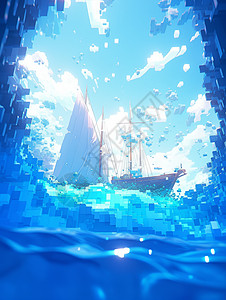 蓝色像素风大海与卡通帆船图片
