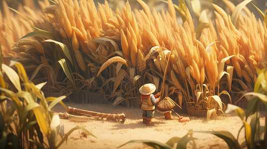 秋天站在高高的谷物下的卡通农民图片