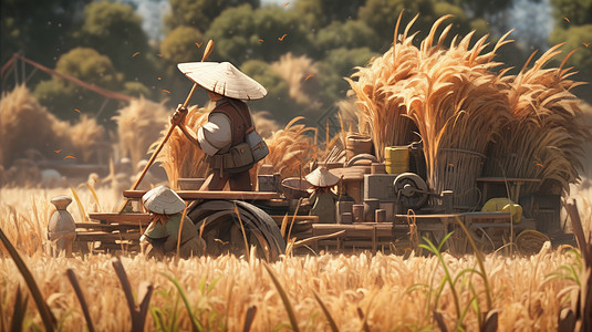 秋天在金黄色卡通麦田里丰收的农民图片