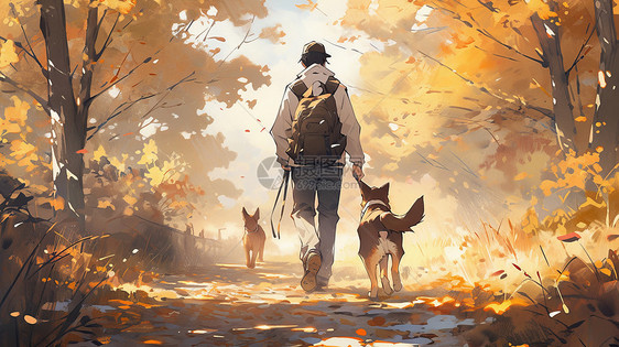 背着包的人物背影与宠物狗一起在树林中散步图片