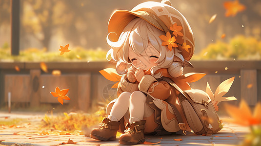 秋天坐在地上欣赏风景开心笑的卡通女孩图片