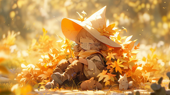 秋天躺在树叶堆中休息的可爱卡通小女孩图片