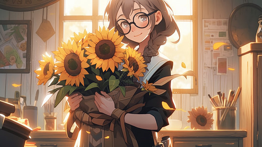 戴黑色眼镜框卡通女老师抱着向日葵背景图片