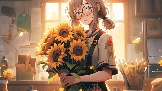 看着向日葵花束开心笑的卡通女教师背景图片