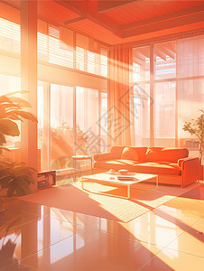温暖的阳光照进摆放着沙发的卡通客厅图片