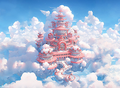 梦幻天空云朵上红色的卡通古城堡建筑图片