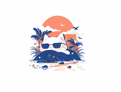 趴在小岛上度假的可爱卡通猫图片