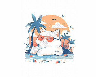 在小椰子树下趴着的卡通胖白猫图片