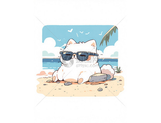 坐在沙滩上肥胖可爱的卡通猫图片