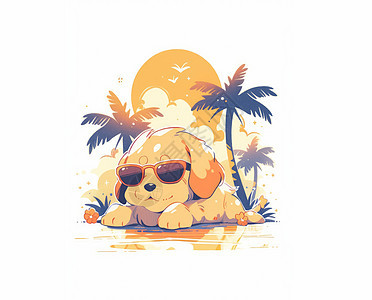 戴墨镜趴在椰子树下可爱的卡通狗图片