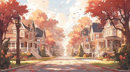 秋天唯美幽静的卡通居住区图片