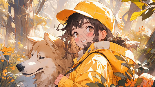 戴着黄色棒球帽可爱的卡通女孩与宠物狗图片