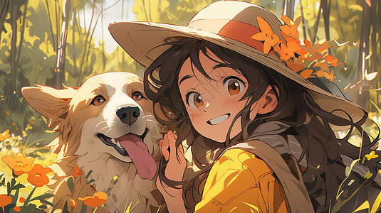 秋天与宠物狗一起在森林中玩耍的可爱卡通女孩图片