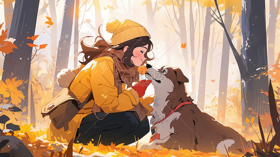 穿黄色衣服卡通女孩与宠物狗在森林中玩耍图片