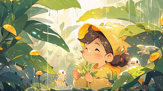 戴黄色帽子在雨中开心笑的卡通小女孩图片