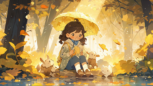 秋天打着伞在雨中发呆可爱的卡通女孩图片