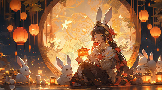 美丽的卡通嫦娥与可爱的兔子们背景图片