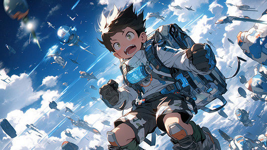 科幻背着包在空中战斗的卡通男孩图片