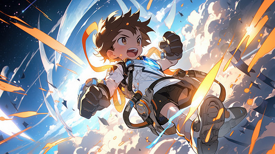 科幻卡通在天空中战斗的卡通小男孩背景图片