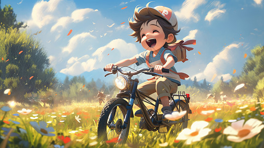 戴棒球帽在户外开心骑自行车的卡通小男孩图片