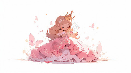 头戴皇冠穿粉色公主裙的卡通小公主高清图片