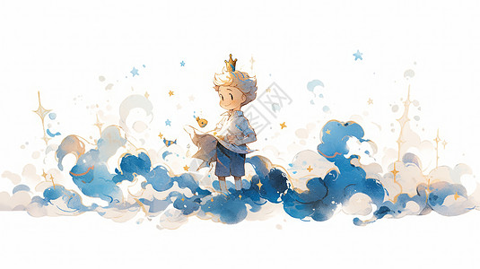 头戴皇冠站在云朵上可爱的卡通小男孩图片