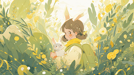 在花丛中抱着可爱卡通小白兔的卡通小女孩图片