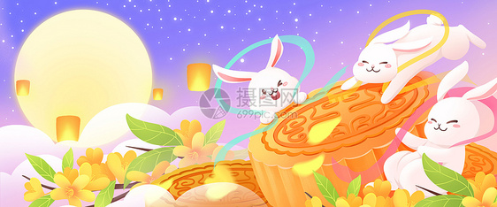 中秋节主题传统节日节气扁平风月兔吃月饼插画图片