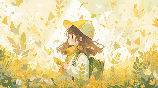 戴着黄色帽子背书包站在植物中间的卡通女孩图片