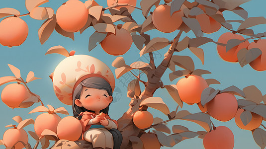 秋天坐在树上吃果实的可爱卡通女孩高清图片