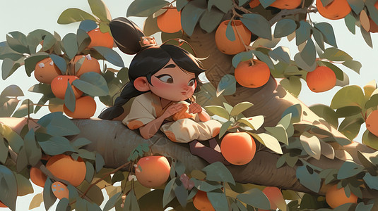 秋天趴在树上摘水果的古风卡通女孩图片