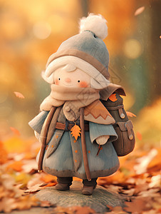 秋天背着站在森林中的卡通男孩背景图片