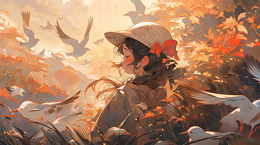 秋天戴着蝴蝶结帽子的卡通女孩站在丛林中图片
