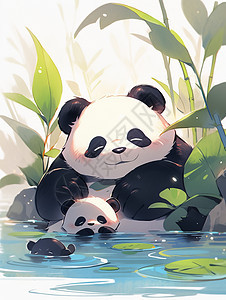 在水里玩耍嬉戏的卡通大熊猫们图片