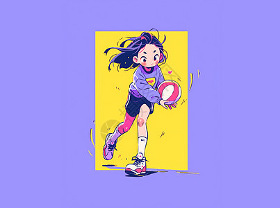 穿紫色卫衣打排球的卡通女孩高清图片