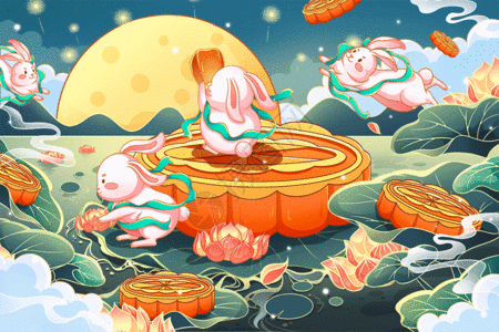 八月十五中秋节吃月饼放孔明灯兔子GIF图片